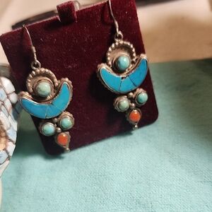 Turquoise and Orange Dangle Earrings..925 Silver Vintage..great Old Feel